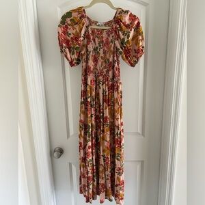 Baltic Born Pink Floral Midi Dress with Puff Sleeves